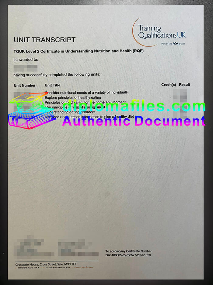 purchase realistic TQUK Level 2 Certificate Transcript
