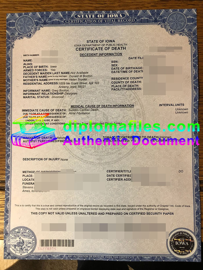 purchase realistic State if Iowa Certificate of Death